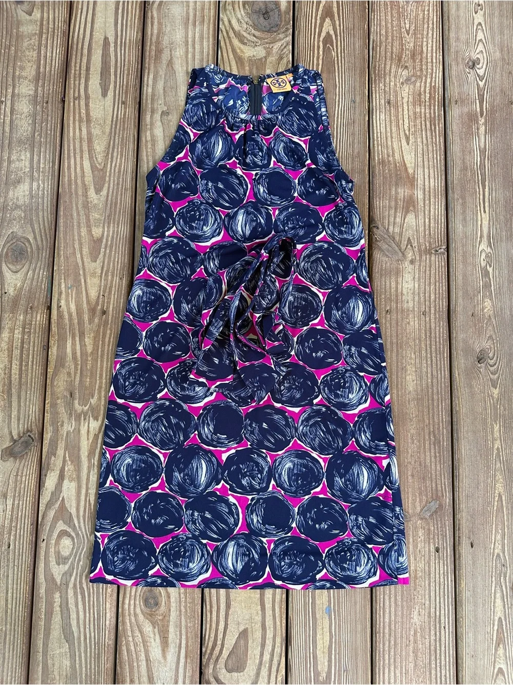 Tory Burch Abstract Print Tie Waist Midi Dress Navy Pink M NWOT